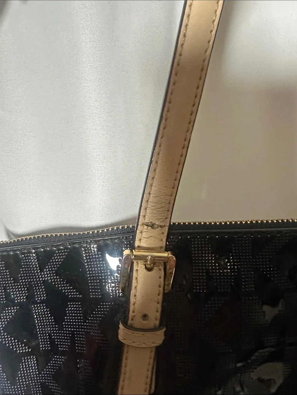 Michael Kors Black Patent Logo Tote with Beige Handles
